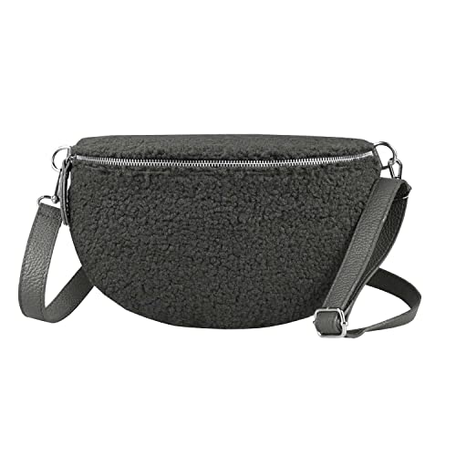 Made in Italy Damen Leder Gürteltasche Crossbody Teddyfell Bauchtasche Hüfttasche Kunstfell Umhängetasche Brusttasche Crossover Bodybag Schultertasche Teddy Pelz Fell Plüsch Dunkelgrau 30x20x7 cm von ITALYSHOP24