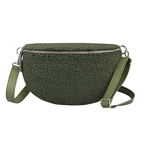 Made in Italy Damen Leder Gürteltasche Crossbody Teddyfell Bauchtasche Hüfttasche Kunstfell Umhängetasche Brusttasche Crossover Bodybag Schultertasche Teddy Pelz Fell Plüsch Olivgrün 30x20x7 cm von ITALYSHOP24