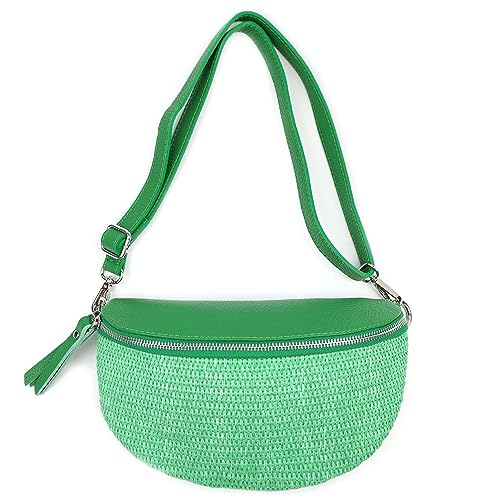 Made in Italy Damen Leder Tasche Basttasche Schultertasche Gürteltasche Sommer Strandtasche Crossbody Bauchtasche Umhängetasche Cross-Over Bodybag Handytasche Geflochten Bast Abendtasche Grün von ITALYSHOP24