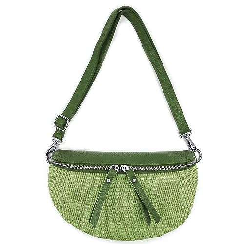 Made in Italy Damen Leder Tasche Basttasche Schultertasche Gürteltasche Sommer Strandtasche Crossbody Bauchtasche Umhängetasche Cross-Over Bodybag Handytasche Geflochten Bast Abendtasche Olivgrün von ITALYSHOP24