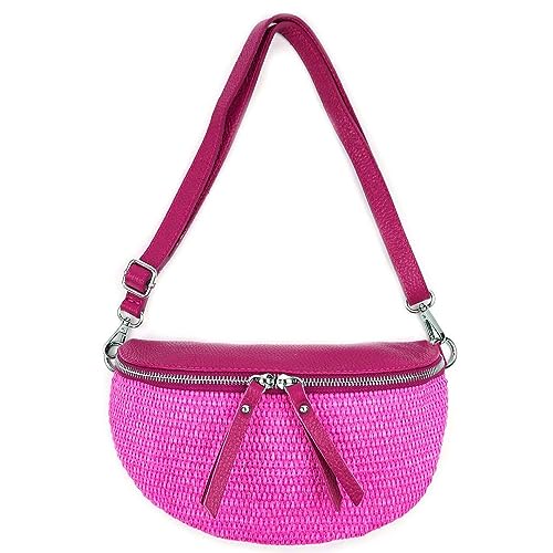 Made in Italy Damen Leder Tasche Basttasche Schultertasche Gürteltasche Sommer Strandtasche Crossbody Bauchtasche Umhängetasche Cross-Over Bodybag Handytasche Geflochten Bast Abendtasche Pink von ITALYSHOP24