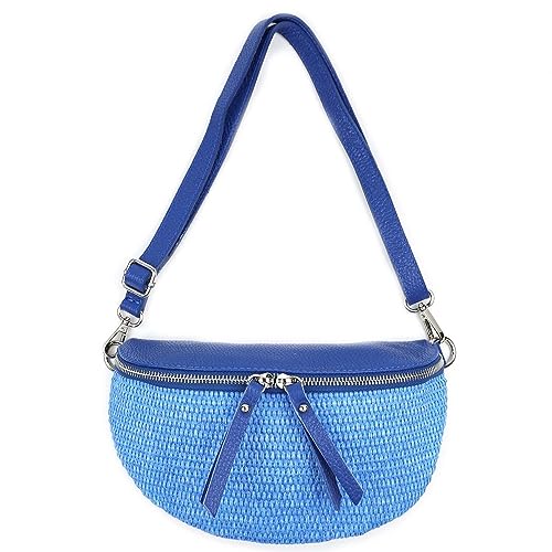 Made in Italy Damen Leder Tasche Basttasche Schultertasche Gürteltasche Sommer Strandtasche Crossbody Bauchtasche Umhängetasche Cross-Over Bodybag Handytasche Geflochten Bast Abendtasche Royalblau von ITALYSHOP24