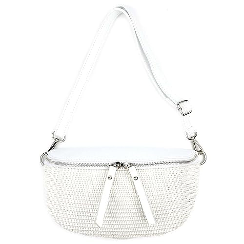 Made in Italy Damen Leder Tasche Basttasche Schultertasche Gürteltasche Sommer Strandtasche Crossbody Bauchtasche Umhängetasche Cross-Over Bodybag Handytasche Geflochten Bast Abendtasche Weiß von ITALYSHOP24