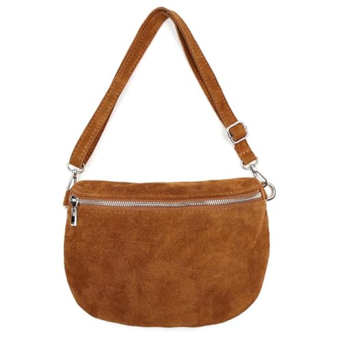 Made in Italy Damen Leder Tasche Gürteltasche Crossbody Hüfttasche Bauchtasche Umhängetasche Wildleder Brusttasche Crossover Bodybag Schultertasche Handytasche Geldtasche Cognac M (Wildleder) von ITALYSHOP24