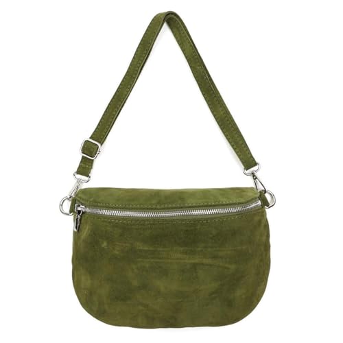 Made in Italy Damen Leder Tasche Gürteltasche Crossbody Hüfttasche Bauchtasche Umhängetasche Wildleder Brusttasche Crossover Bodybag Schultertasche Handytasche Geldtasche Olivgrün M (Wildleder) von ITALYSHOP24