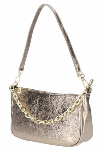 Made in Italy Damen Leder Tasche Pochette mit Kette Schultertasche Handtasche City Bag Umhängetasche Clutch Ledertasche Bodybag Schmucktasche Crossbody Cross-Over Bronze von ITALYSHOP24