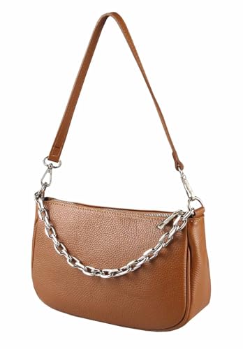 Made in Italy Damen Leder Tasche Pochette mit Kette Schultertasche Handtasche City Bag Umhängetasche Clutch Ledertasche Bodybag Schmucktasche Crossbody Cross-Over Cognac(Silber) von ITALYSHOP24