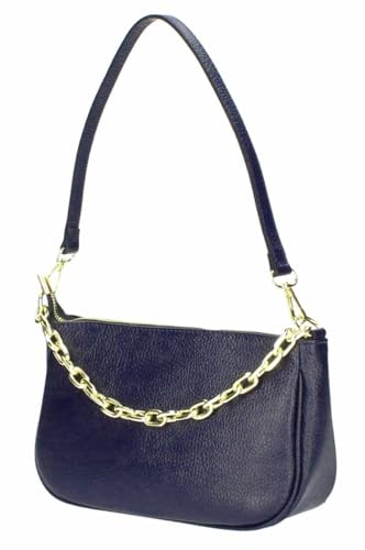 Made in Italy Damen Leder Tasche Pochette mit Kette Schultertasche Handtasche City Bag Umhängetasche Clutch Ledertasche Bodybag Schmucktasche Crossbody Cross-Over Dunkelblau von ITALYSHOP24