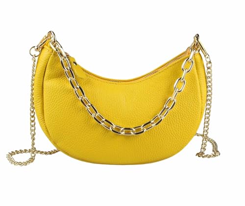 Made in Italy Damen Leder Tasche Pochette mit Kette Schultertasche Handtasche City Bag Umhängetasche Clutch Ledertasche Bodybag Schmucktasche Crossbody Cross-Over Gelb von ITALYSHOP24