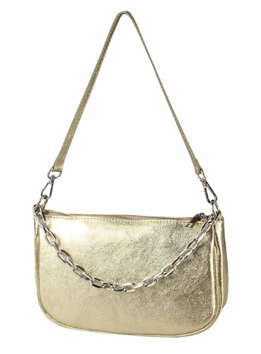 Made in Italy Damen Leder Tasche Pochette mit Kette Schultertasche Handtasche City Bag Umhängetasche Clutch Ledertasche Bodybag Schmucktasche Crossbody Cross-Over Gold (Silber) von ITALYSHOP24