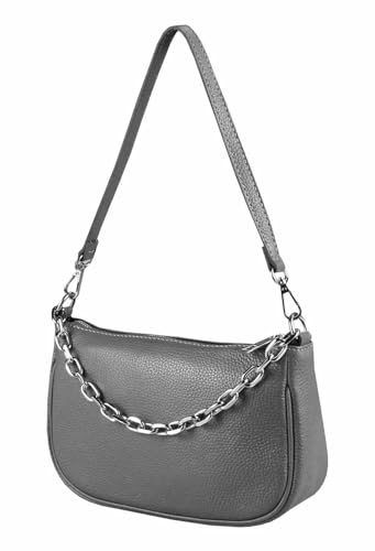 Made in Italy Damen Leder Tasche Pochette mit Kette Schultertasche Handtasche City Bag Umhängetasche Clutch Ledertasche Bodybag Schmucktasche Crossbody Cross-Over Grau (Silber) von ITALYSHOP24