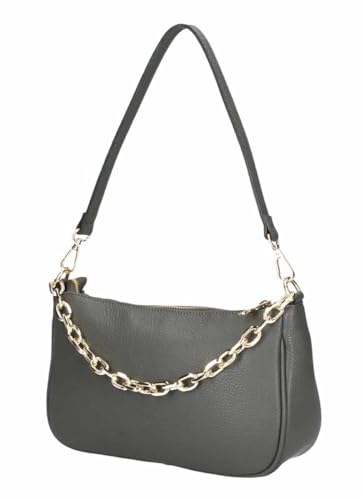 Made in Italy Damen Leder Tasche Pochette mit Kette Schultertasche Handtasche City Bag Umhängetasche Clutch Ledertasche Bodybag Schmucktasche Crossbody Cross-Over Grau von ITALYSHOP24