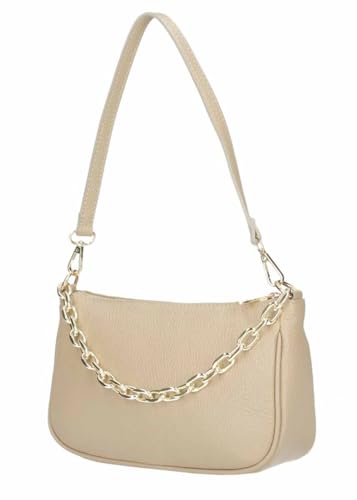 Made in Italy Damen Leder Tasche Pochette mit Kette Schultertasche Handtasche City Bag Umhängetasche Clutch Ledertasche Bodybag Schmucktasche Crossbody Cross-Over Helltaupe von ITALYSHOP24