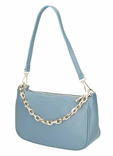 Made in Italy Damen Leder Tasche Pochette mit Kette Schultertasche Handtasche City Bag Umhängetasche Clutch Ledertasche Bodybag Schmucktasche Crossbody Cross-Over Jeansblau von ITALYSHOP24