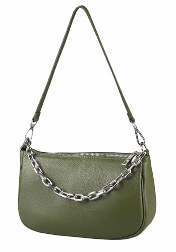 Made in Italy Damen Leder Tasche Pochette mit Kette Schultertasche Handtasche City Bag Umhängetasche Clutch Ledertasche Bodybag Schmucktasche Crossbody Cross-Over Olivgrün (Silber) von ITALYSHOP24