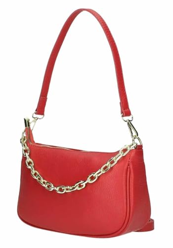 Made in Italy Damen Leder Tasche Pochette mit Kette Schultertasche Handtasche City Bag Umhängetasche Clutch Ledertasche Bodybag Schmucktasche Crossbody Cross-Over Rot von ITALYSHOP24