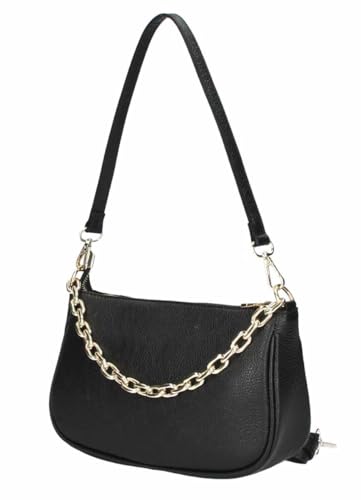 Made in Italy Damen Leder Tasche Pochette mit Kette Schultertasche Handtasche City Bag Umhängetasche Clutch Ledertasche Bodybag Schmucktasche Crossbody Cross-Over Schwarz von ITALYSHOP24