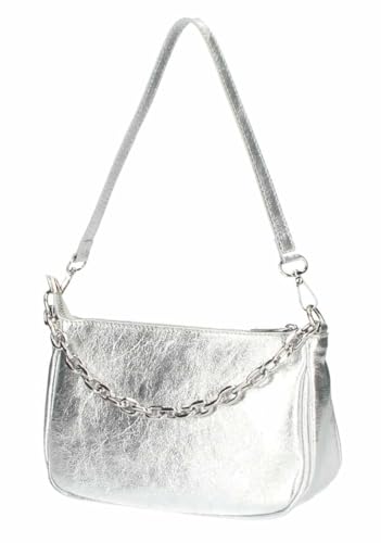 Made in Italy Damen Leder Tasche Pochette mit Kette Schultertasche Handtasche City Bag Umhängetasche Clutch Ledertasche Bodybag Schmucktasche Crossbody Cross-Over Silber von ITALYSHOP24