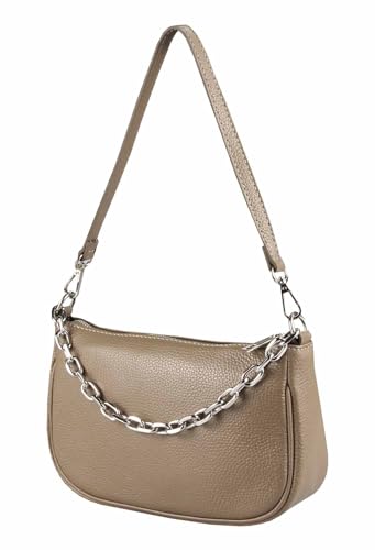 Made in Italy Damen Leder Tasche Pochette mit Kette Schultertasche Handtasche City Bag Umhängetasche Clutch Ledertasche Bodybag Schmucktasche Crossbody Cross-Over Taupe (Silber) von ITALYSHOP24