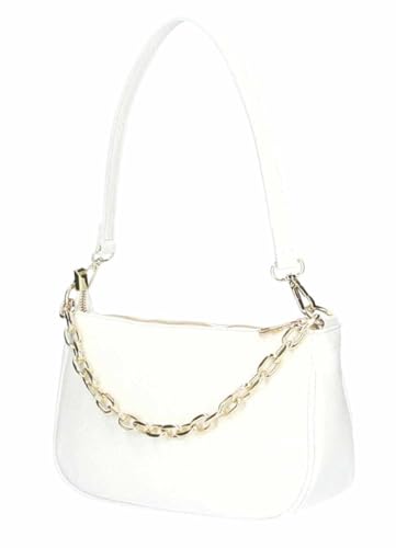Made in Italy Damen Leder Tasche Pochette mit Kette Schultertasche Handtasche City Bag Umhängetasche Clutch Ledertasche Bodybag Schmucktasche Crossbody Cross-Over Weiss von ITALYSHOP24