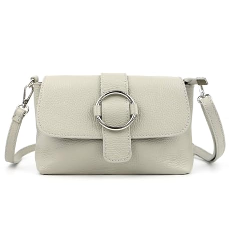 Made in Italy Damen Leder Tasche Umhängetasche Cross Over Body Messenger Bag Echtleder Ledertasche Schultertasche Brusttasche Hüfttasche Gürteltasche Clutch Abendtasche Hellgrau von ITALYSHOP24