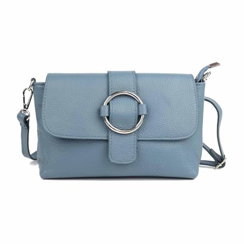 Made in Italy Damen Leder Tasche Umhängetasche Cross Over Body Messenger Bag Echtleder Ledertasche Schultertasche Brusttasche Hüfttasche Gürteltasche Clutch Abendtasche Jeansblau von ITALYSHOP24
