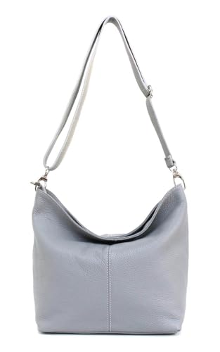 Made in Italy Damen Leder Tasche Umhängetasche Shopper Cross Over Body Bag Handtasche Ledertasche Schultertasche Hobo Bag Hellgrau von ITALYSHOP24
