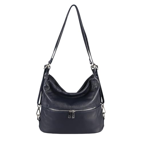 Made in Italy Damen echt Leder 2in1 Handtasche Rucksack Schultertasche CityRucksack Stadtrucksack Backpack Lederrucksack Daypack Ledertasche Dunkelblau von ITALYSHOP24