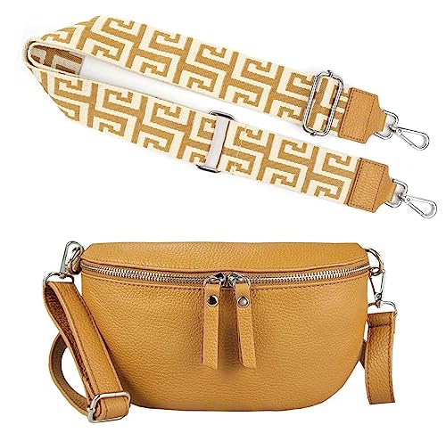 Made in Italy OBC DAMEN SET Gürteltasche + Schultergurt LEDER Crossbody Hüfttasche Bauchtasche Umhängetasche Brusttasche CrossOver Bodybag Schultertasche Handytasche Geldtasche Camel M (25cm) + Gürtel von ITALYSHOP24