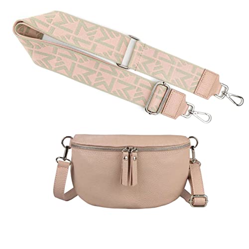 Made in Italy OBC DAMEN SET Gürteltasche + Schultergurt LEDER Crossbody Hüfttasche Bauchtasche Umhängetasche Brusttasche CrossOver Bodybag Schultertasche Handytasche Tasche Antikrosa S (25cm) + Gürtel von ITALYSHOP24