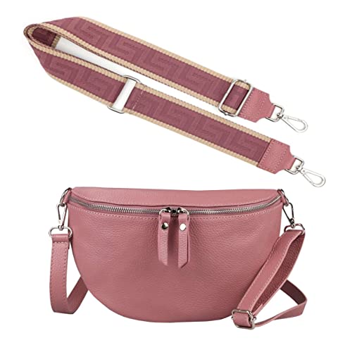 Made in Italy OBC Damen Set Gürteltasche + Schultergurt Leder Crossbody Hüfttasche Bauchtasche Umhängetasche Brusttasche Crossover Bag Schultertasche Handytasche Geldtasche Altrosa M (28cm) + Gürtel von ITALYSHOP24