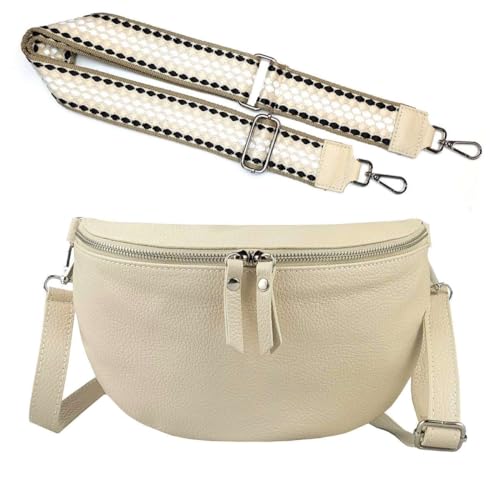 Made in Italy OBC Damen Set Gürteltasche + Schultergurt Leder Crossbody Hüfttasche Bauchtasche Umhängetasche Brusttasche Crossover Bag Schultertasche Handytasche Geldtasche Beige M (28cm) + Gürtel von ITALYSHOP24