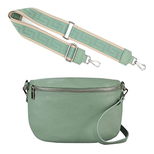 Made in Italy OBC Damen Set Gürteltasche + Schultergurt Leder Crossbody Hüfttasche Bauchtasche Umhängetasche Brusttasche Crossover Bag Schultertasche Handytasche Geldtasche Mint M (27cm) + Gürtel von ITALYSHOP24