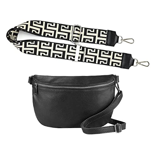 Made in Italy OBC Damen Set Gürteltasche + Schultergurt Leder Crossbody Hüfttasche Bauchtasche Umhängetasche Brusttasche Crossover Bag Schultertasche Handytasche Geldtasche Schwarz M (27cm) von ITALYSHOP24