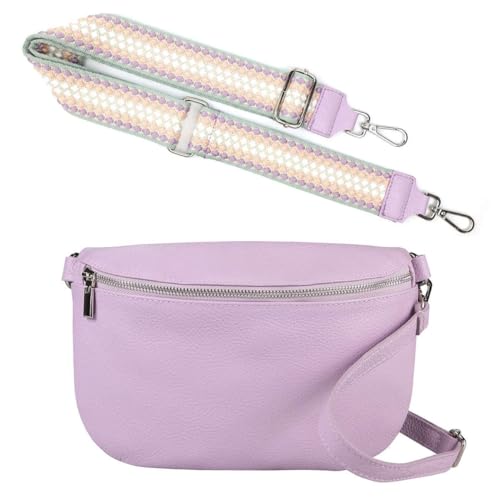 Made in Italy OBC Damen Set Gürteltasche + Schultergurt Leder Crossbody Hüfttasche Bauchtasche Umhängetasche Brusttasche Crossover Bodybag Schultertasche Handy Geldtasche Tasche Flieder M Gürtel von ITALYSHOP24