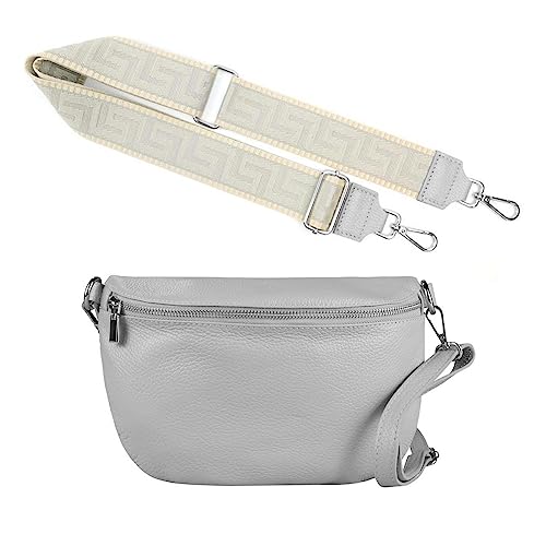 Made in Italy OBC Damen Set Gürteltasche + Schultergurt Leder Crossbody Hüfttasche Bauchtasche Umhängetasche Brusttasche Crossover Bodybag Schultertasche Handy Geldtasche Tasche Hellgrau M Gürtel von ITALYSHOP24