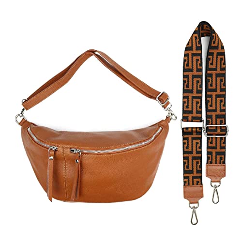 Made in Italy OBC Damen Set Gürteltasche + Schultergurt Leder Crossbody Hüfttasche Bauchtasche Umhängetasche Brusttasche Crossover Bodybag Schultertasche Handytasche Tasche Cognac L (38cm) + Gürtel von ITALYSHOP24