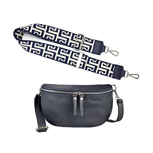 Made in Italy OBC Damen Set Gürteltasche + Schultergurt Leder Crossbody Hüfttasche Bauchtasche Umhängetasche Brusttasche Crossover Bodybag Schultertasche Handytasche Tasche Navy M (25cm) + Gürtel von ITALYSHOP24