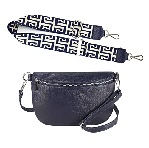 Made in Italy OBC Damen Set Gürteltasche + Schultergurt Leder Crossbody Hüfttasche Bauchtasche Umhängetasche Brusttasche Crossover Bodybag Schultertasche Handytasche Tasche Navy M (27cm) + Gürtel von ITALYSHOP24