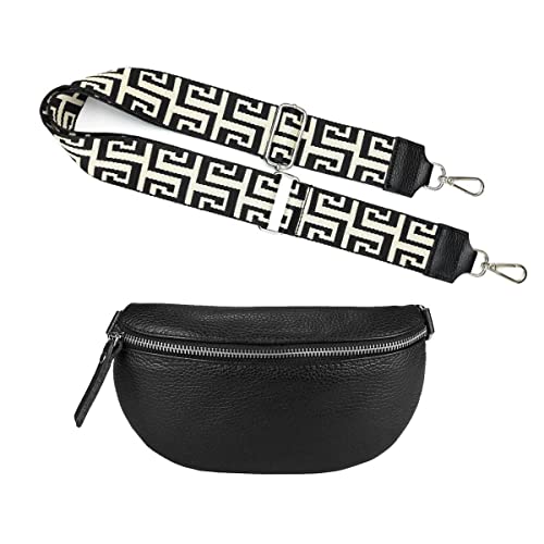 Made in Italy OBC Damen Set Gürteltasche + Schultergurt Leder Crossbody Hüfttasche Bauchtasche Umhängetasche Brusttasche Crossover Bodybag Schultertasche Handytasche Tasche Schwarz S (22cm) + Gürtel von ITALYSHOP24