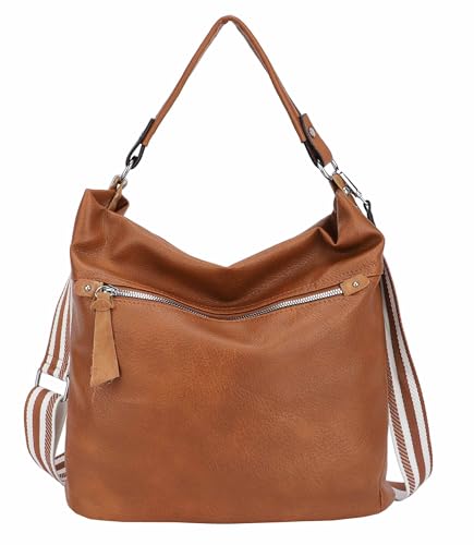 OBC DAMEN TASCHE SHOPPER Hobo-Bag Schultertasche Umhängetasche Handtasche CrossOver Damentasche Beuteltasche Henkeltasche Reise Leder Optik Cognac von ITALYSHOP24