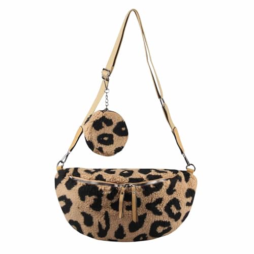 OBC Damen Leoparden-Print Tasche Teddyfell Plüsch Bauchtasche Hüfttasche Schultertasche Fell Bodybag Umhängetasche Crossbody Teddyplüsch Handytasche Crossbag Gürteltasche Wintertasche Taupe von ITALYSHOP24