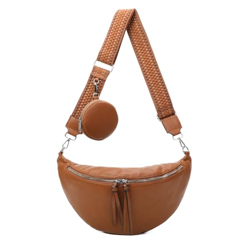 OBC Damen Tasche Crossbody Brusttasche Hüfttasche Schultertasche Umhängetasche Bauchtasche Gürteltasche Crossover Slingntasche Reise Bag Kunstleder Cognac V2 von ITALYSHOP24