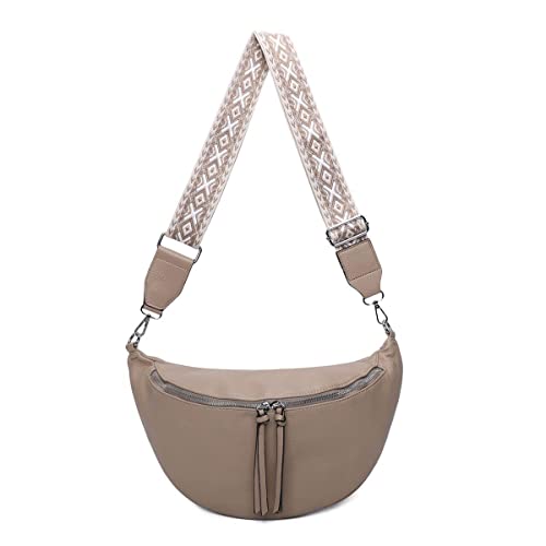 OBC Damen Tasche Crossbody Brusttasche Hüfttasche Schultertasche Umhängetasche Bauchtasche Gürteltasche Crossover Slingntasche Reise Bag Kunstleder Taupe von ITALYSHOP24