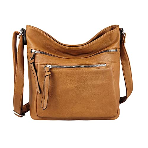 OBC Damen Tasche Schultertasche Shopper Umhängetasche Crossover Crossbody Henkeltasche Beuteltasche Handtasche Hobo Bag Reise Kunst-Leder Cognac von ITALYSHOP24