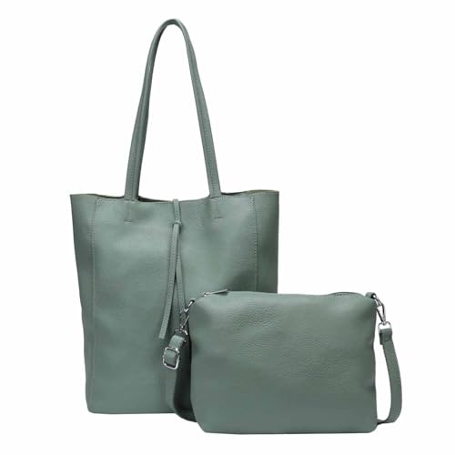 Damen Tasche Set 2in1 Shopper Handtasche Crossbody Hobo Bag Schultertasche Umhängetasche Metallic Cross-Over DIN-A4 Mint von ITALYSHOP24