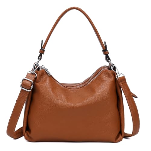 OBC Damen Tasche Shopper Handtasche Hobo Bag Schultertasche Cross Over Umhängetasche Beuteltasche Henkeltasche Leder Optik Cognac von ITALYSHOP24