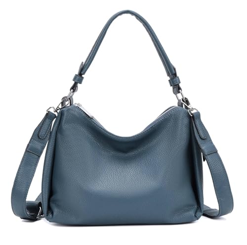 OBC Damen Tasche Shopper Handtasche Hobo Bag Schultertasche Cross Over Umhängetasche Beuteltasche Henkeltasche Leder Optik Jeansblau von ITALYSHOP24