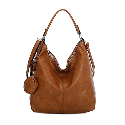 OBC Damen Tasche Shopper Hobo-Bag Schultertasche Umhängetasche Handtasche Damentasche Reisetasche Beuteltasche Leder Optik Cognac von ITALYSHOP24