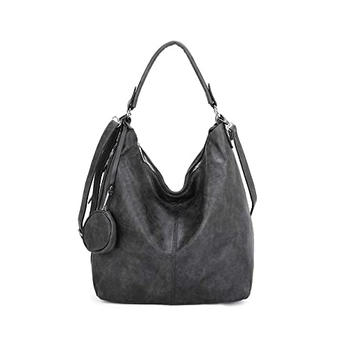 OBC Damen Tasche Shopper Hobo-Bag Schultertasche Umhängetasche Handtasche Damentasche Reisetasche Beuteltasche Leder Optik Dunkelgrau von ITALYSHOP24